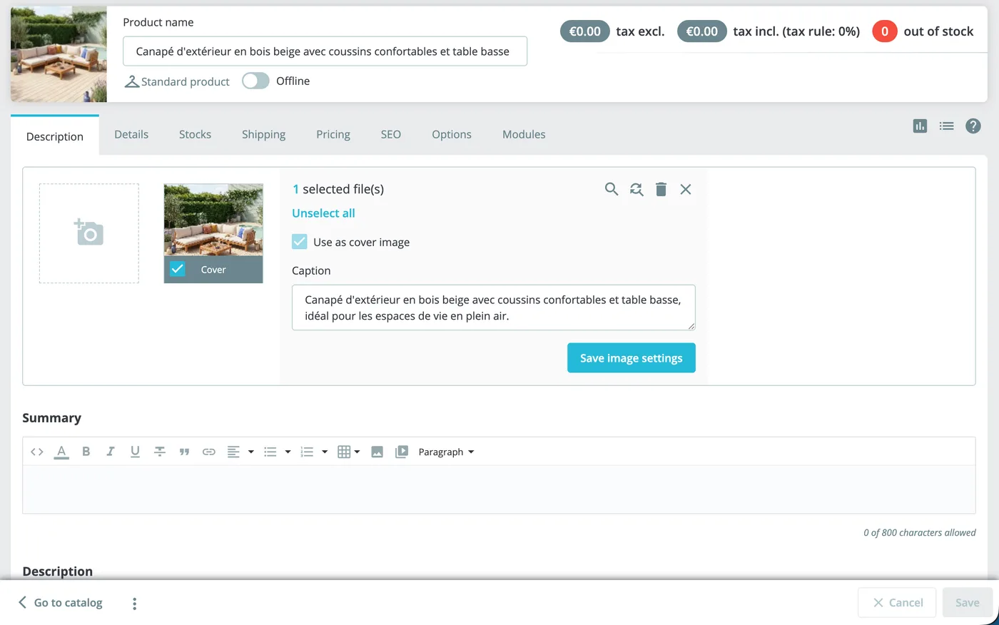 PrestaShop product image caption field automatically filled with AI-generated descriptive alt-text by SEOPix module