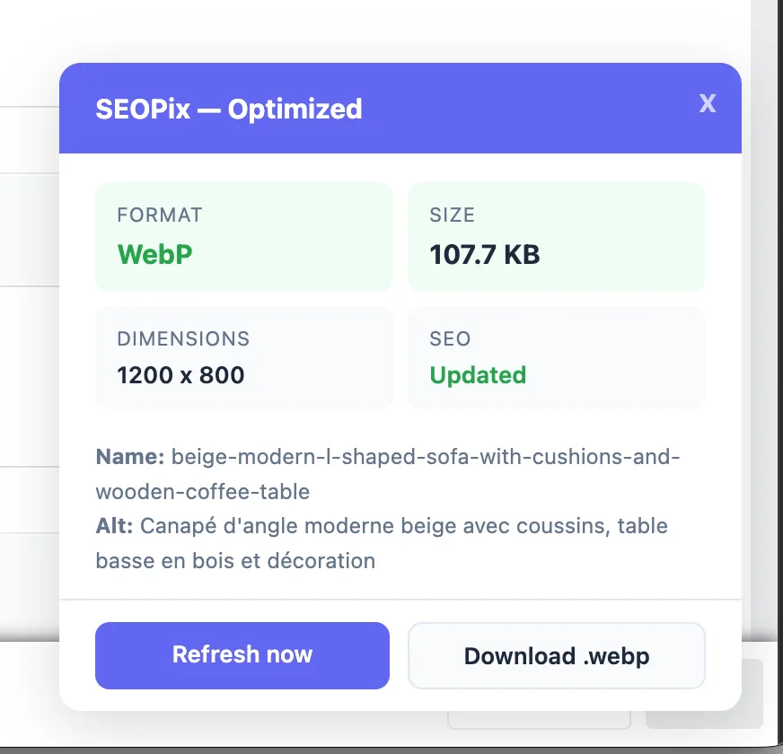 SEOPix PrestaShop optimization result showing image compressed by 56 percent with before and after file sizes