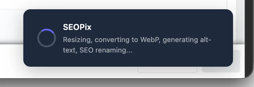 PrestaShop product page showing image upload with SEOPix toast notification displaying compression progress and optimization steps