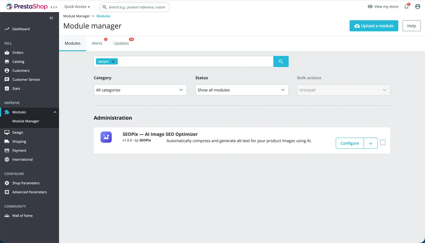 PrestaShop Module Manager showing SEOPix AI Image SEO Optimizer module ready to install with configure button