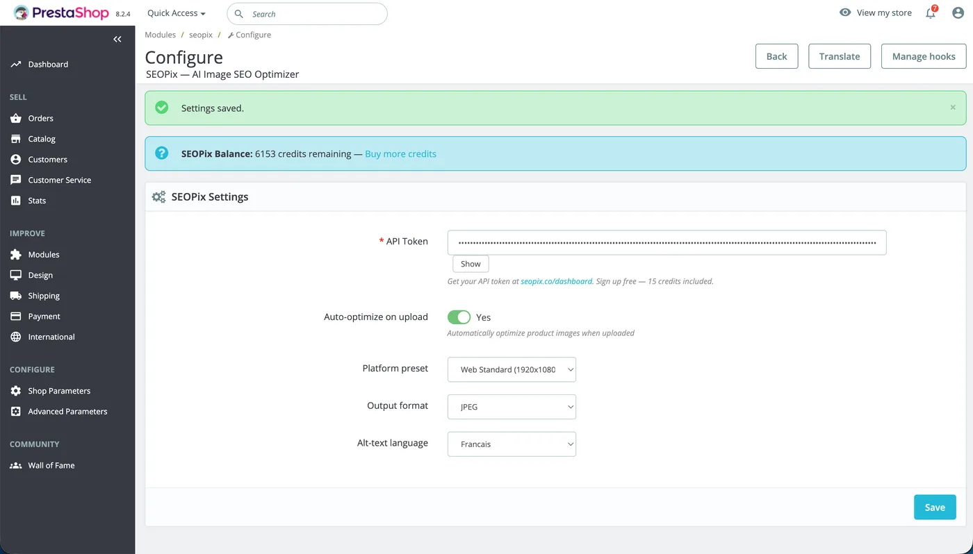 SEOPix PrestaShop module configuration page with API token, auto-optimize toggle, platform preset, and language settings