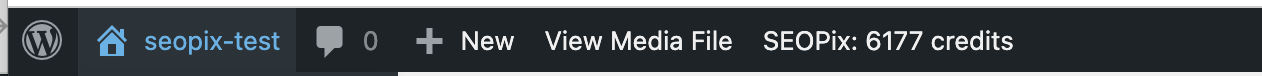 WordPress admin bar showing SEOPix credit balance in green, clickable link to plugin settings page