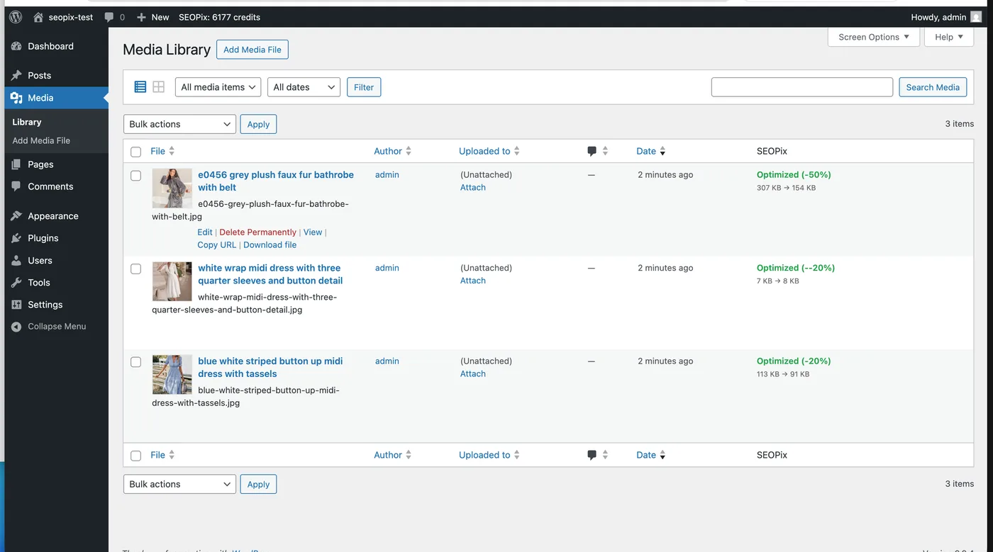 WordPress Media Library list view with SEOPix column showing Optimized status, compression percentage, and file size reduction per image