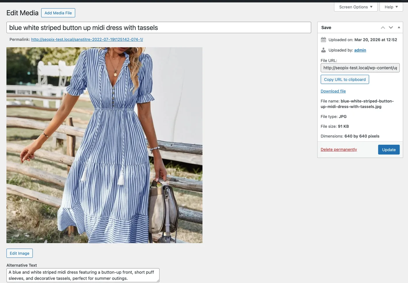 SEOPix WordPress optimization result showing image compressed from 307KB to 154KB with SEO-friendly filename and AI-generated alt-text