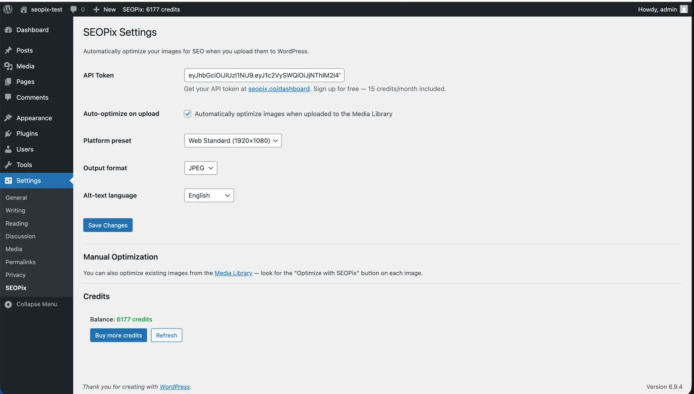 SEOPix WordPress plugin settings page showing API token field, platform preset selector, output format, and alt-text language options