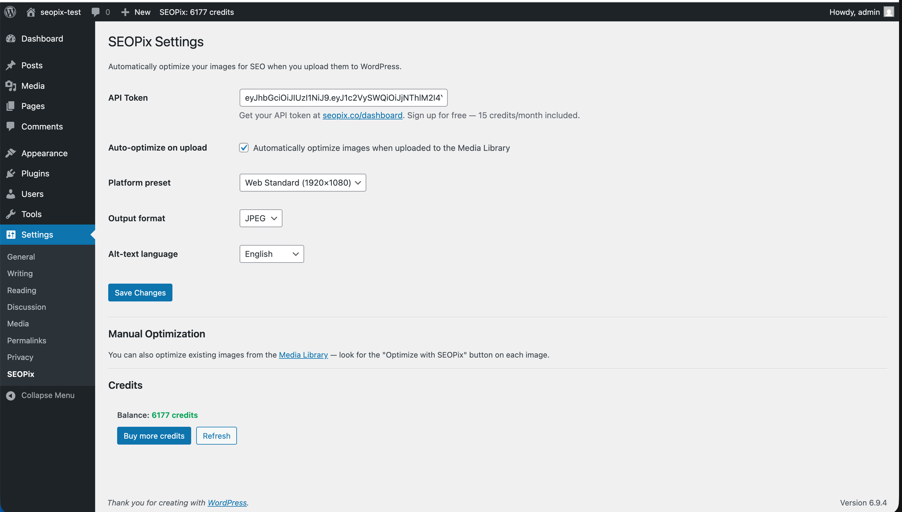 SEOPix WordPress plugin settings page
