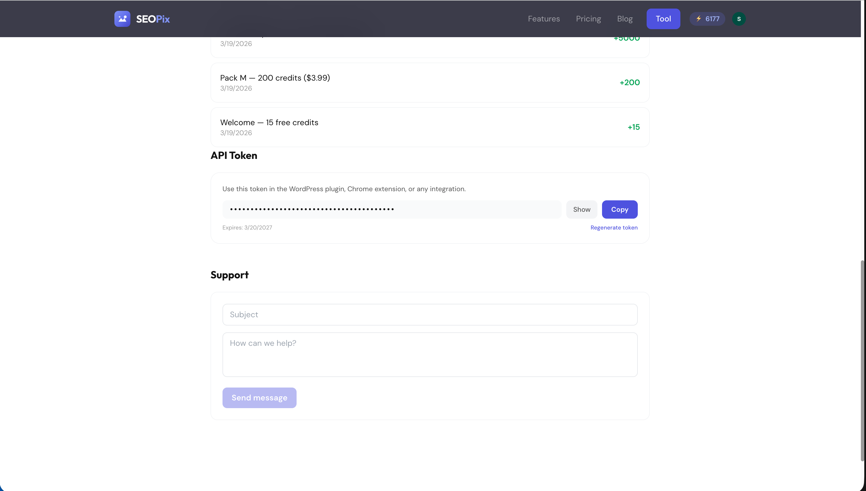 Generate API token from SEOPix dashboard